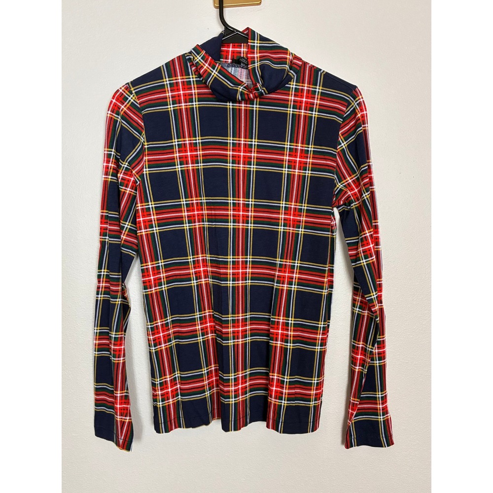 J.Crew Re-Imagined Womens Med Navy Red Tartan Plaid Cotton Turtleneck AT787